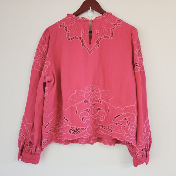 Anthropologie Women The Lainie Longsleeve Lace Cutwork Blouse Pink XL LinenBlend - Picture 12 of 16